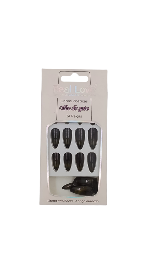 REAL LOVE UNHAS POSTIÇAS OLHO DE GATO PRETO C/ DOURADO C/24 PCS 